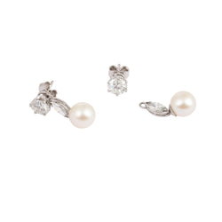 Boucles d'oreilles Clous Pendantes en or blanc, platine, perles, et diamants - Castafiore