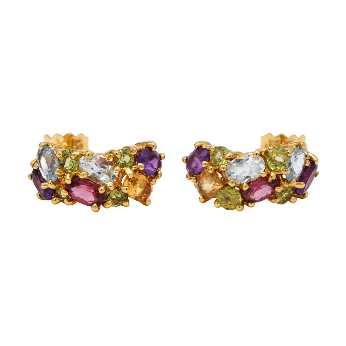 Boucles d'oreilles Créoles en or jaune, aigue-marine, citrines, topazes, grenats, améthystes et péridots - Castafiore