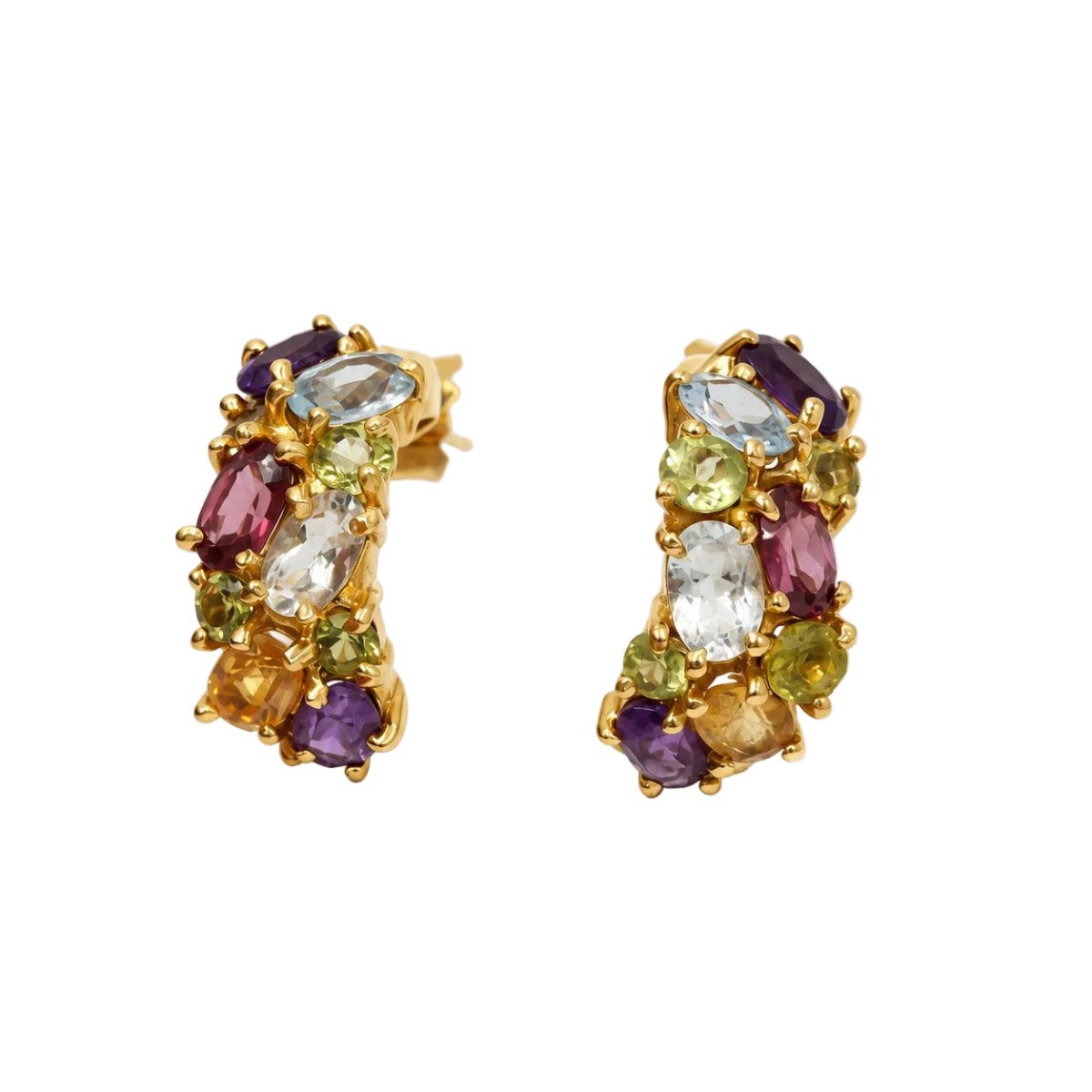 Boucles d'oreilles Créoles en or jaune, aigue-marine, citrines, topazes, grenats, améthystes et péridots - Castafiore