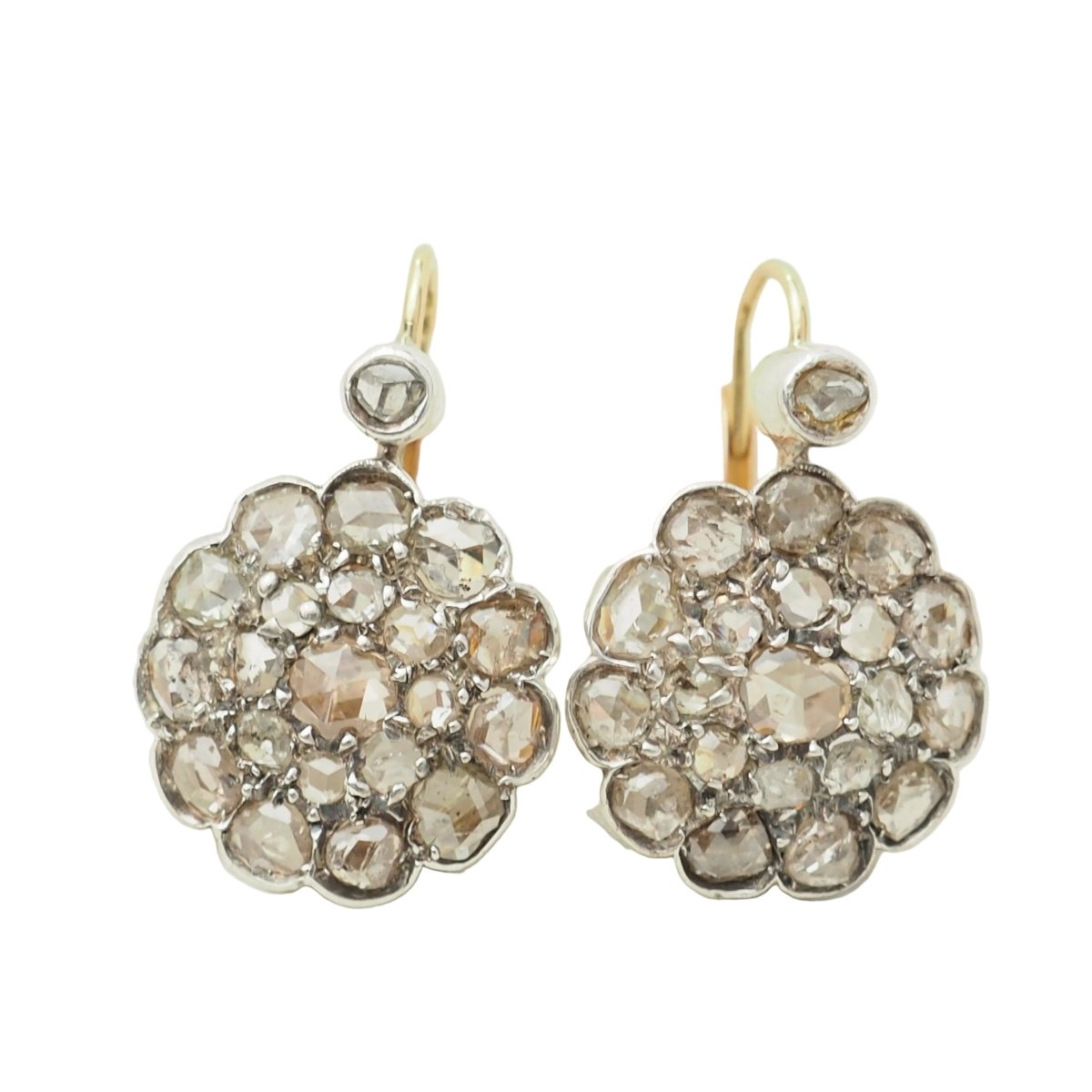 Boucles d'oreilles Dormeuses en or jaune, argent et diamants