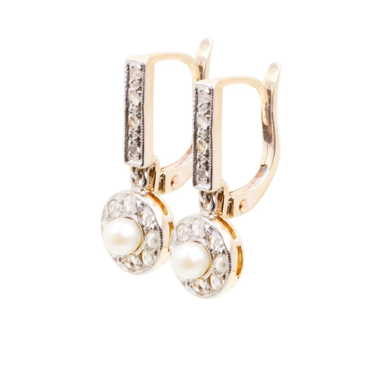 Boucles d'oreilles Dormeuses en or jaune, perles et diamants - Castafiore