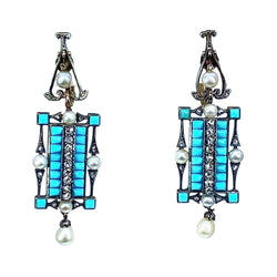 Boucles d’oreilles en or 18 carats et argent, turquoises, diamants, perles fines vers 1880 - Castafiore