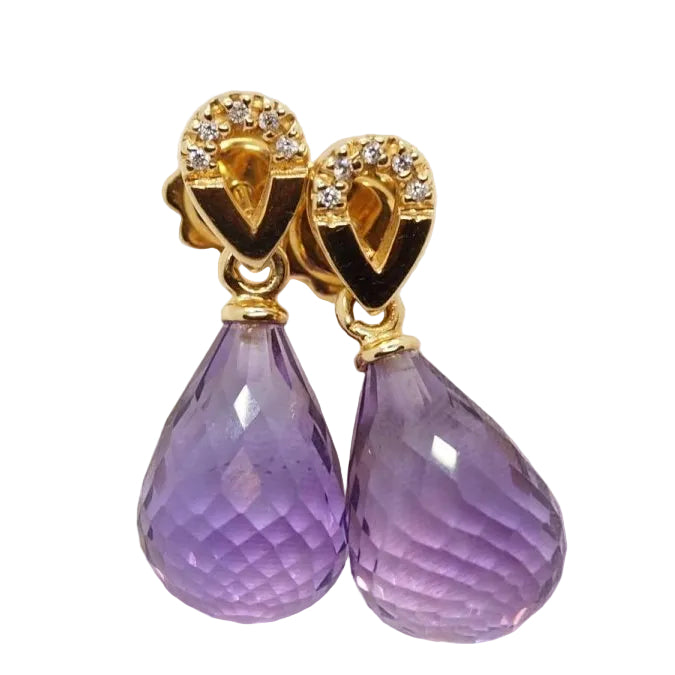 Boucles d'oreilles en or jaune, améthystes briolettes et diamants - Castafiore
