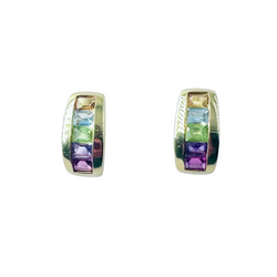 Boucles d'oreilles en or jaune, citrine, topaze bleue, péridot et améthyste - Castafiore