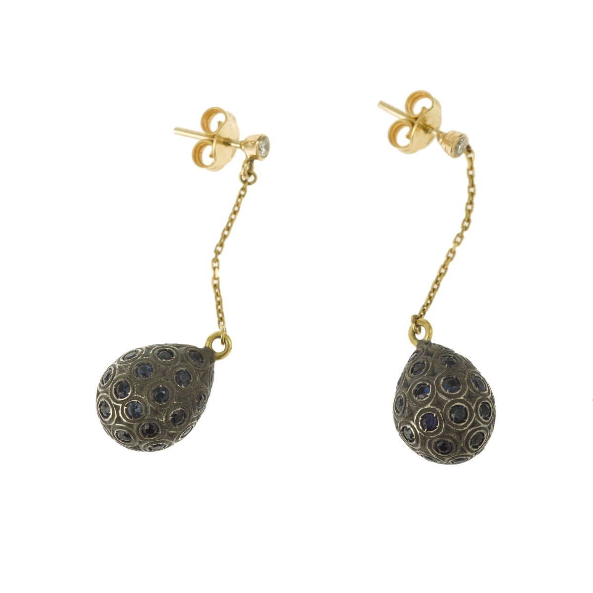Boucles d’Oreilles Gouttes pavées Saphirs Diamants Or 18 Carats - Castafiore