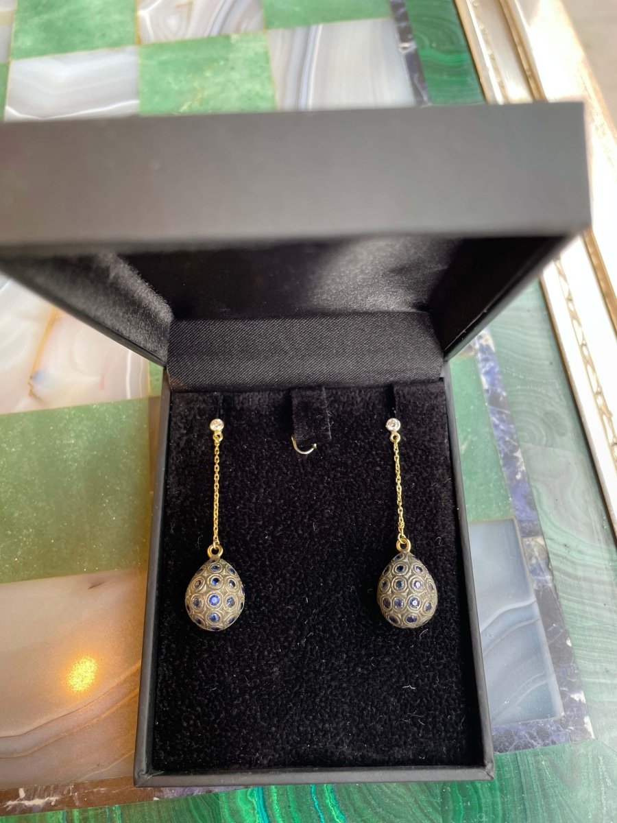 Boucles d’Oreilles Gouttes pavées Saphirs Diamants Or 18 Carats - Castafiore