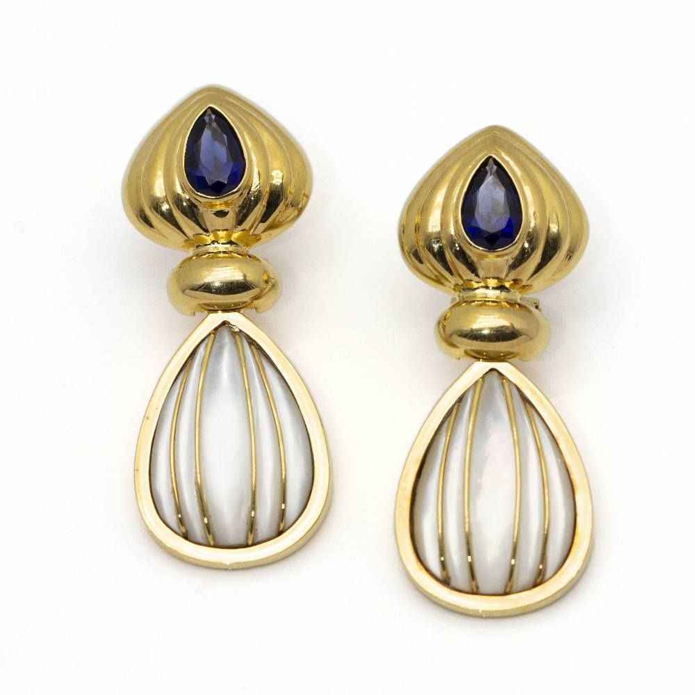 Boucles d'oreilles nacre et saphir en or jaune - Castafiore