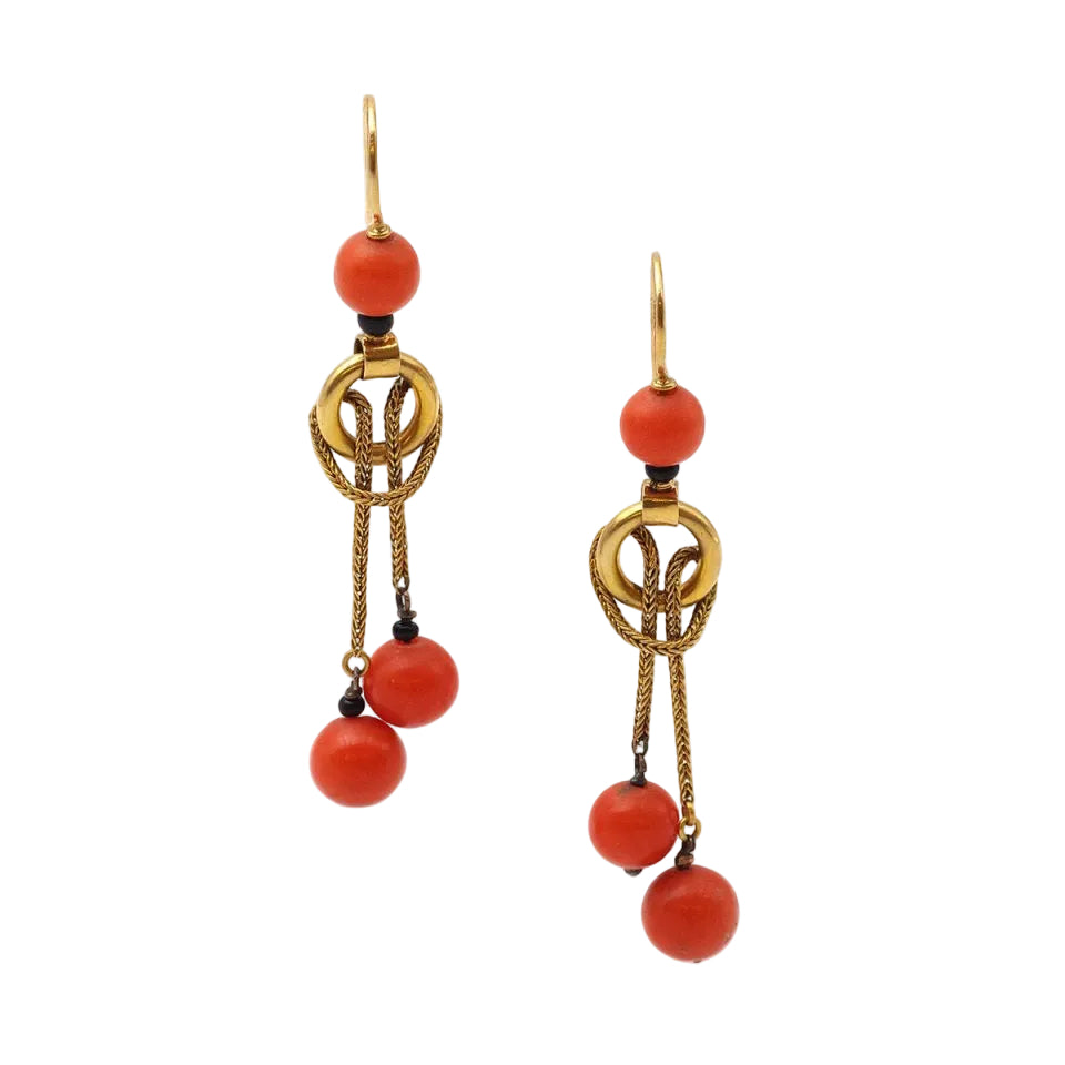 Boucles d'oreilles Napoléon III longues en or et corail - Castafiore