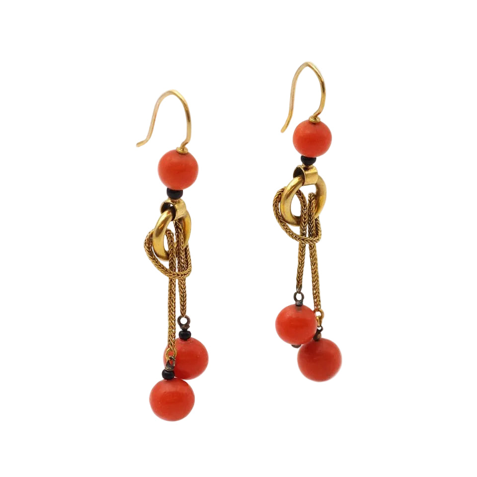 Boucles d'oreilles Napoléon III longues en or et corail - Castafiore