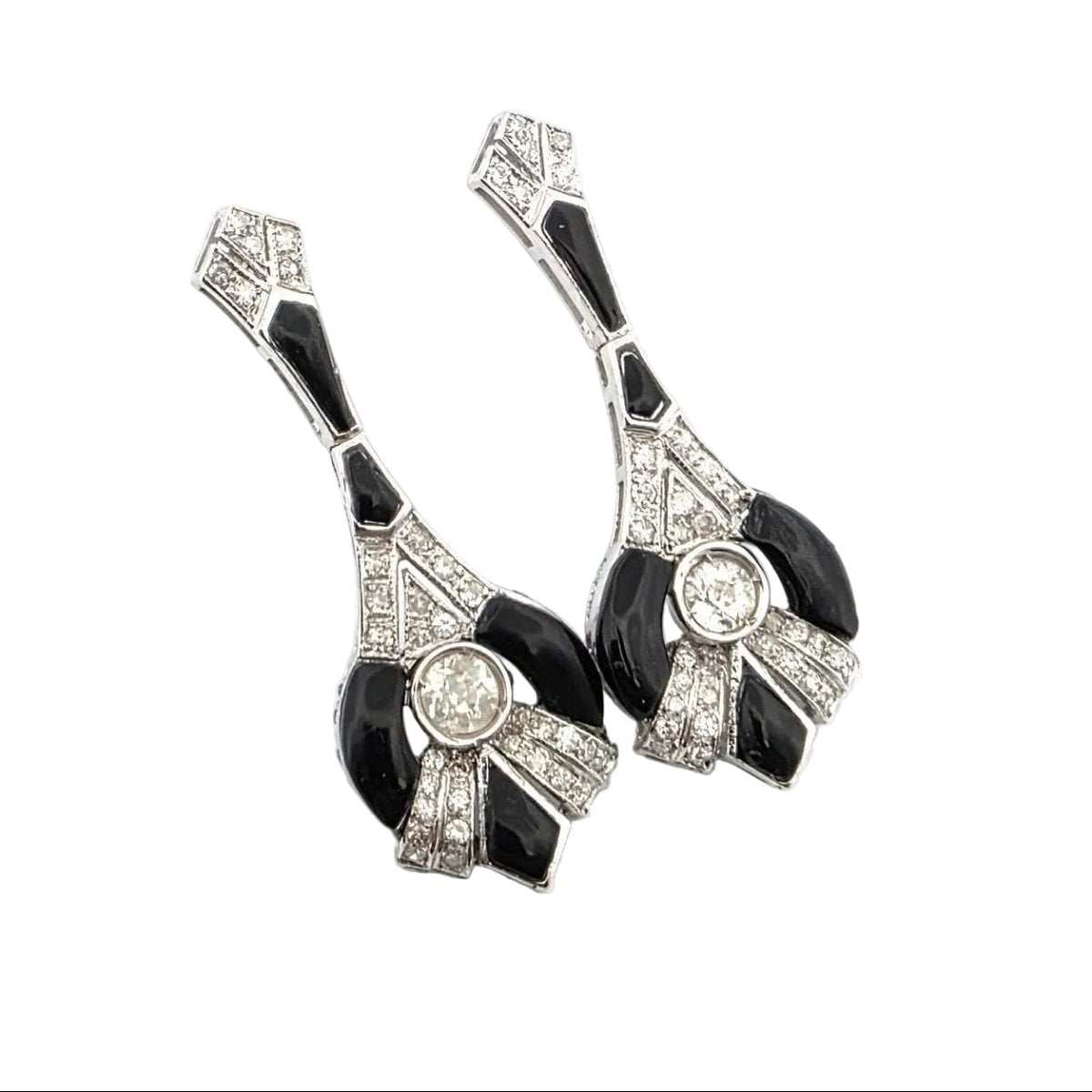 Boucles d'oreilles Pendantes en or blanc, onyx et diamants - Castafiore