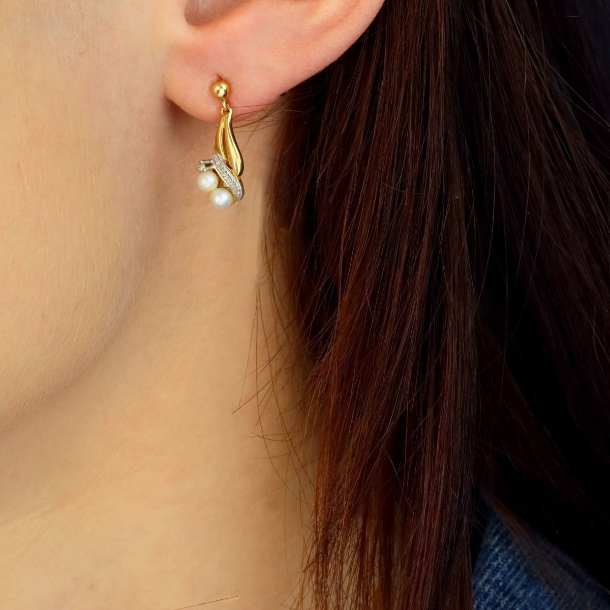 Boucles d'oreilles Pendantes en or blanc, or jaune, perles et diamants - Castafiore