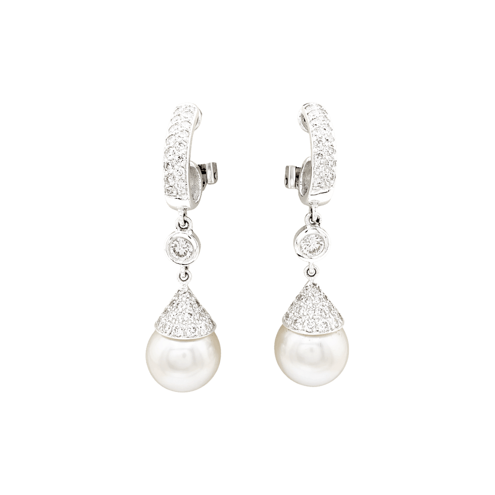 Boucles d'oreilles Pendantes en or blanc, perles et diamants - Castafiore