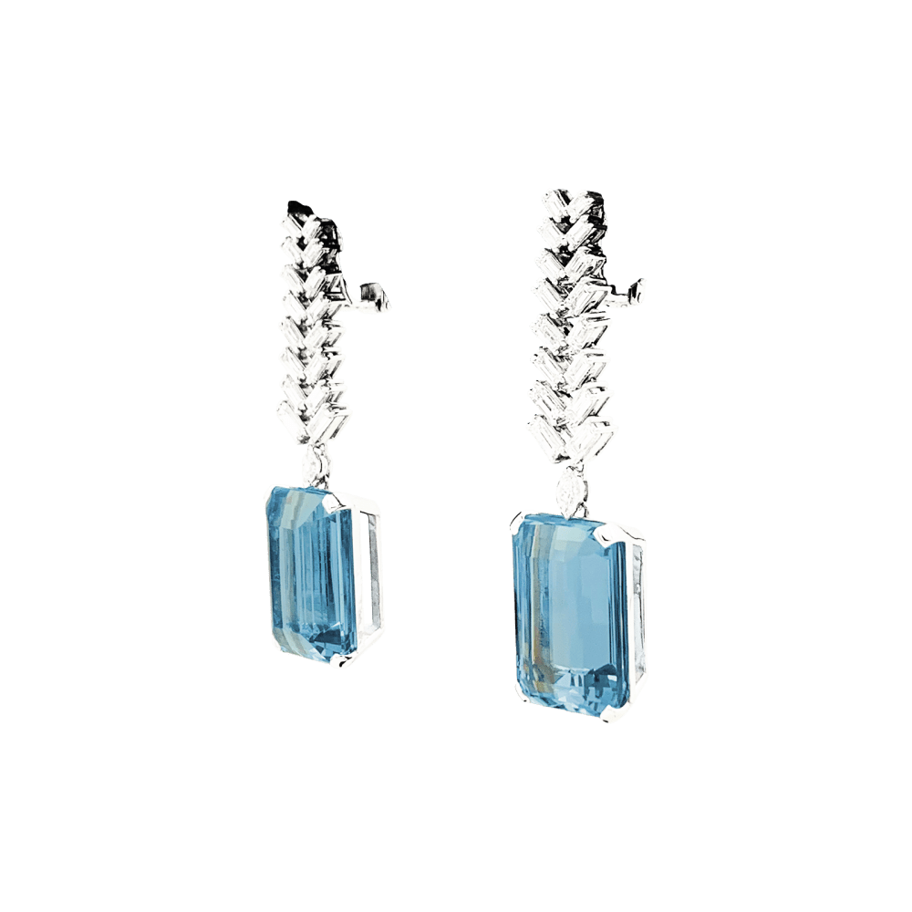 Boucles d'oreilles Pendantes en or blanc, platine, aigue - marine et diamants - Castafiore