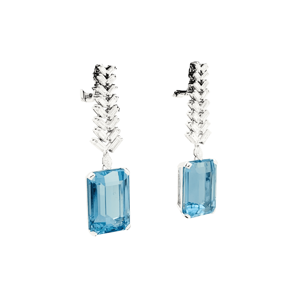 Boucles d'oreilles Pendantes en or blanc, platine, aigue - marine et diamants - Castafiore