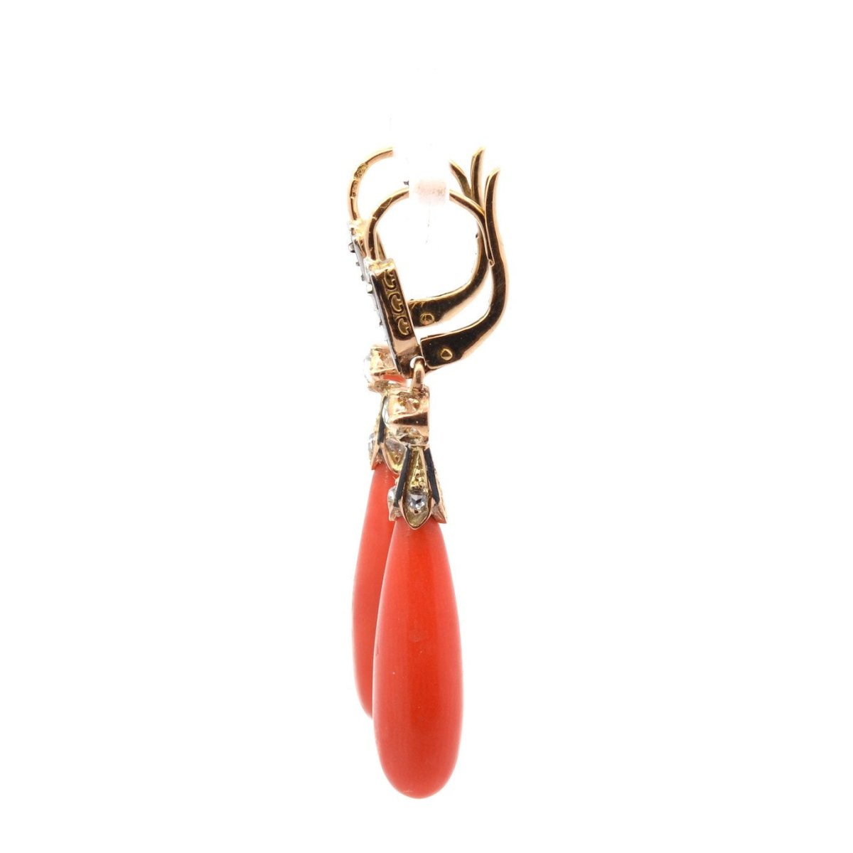 Boucles d'oreilles Pendantes en or jaune, corail et diamants - Castafiore