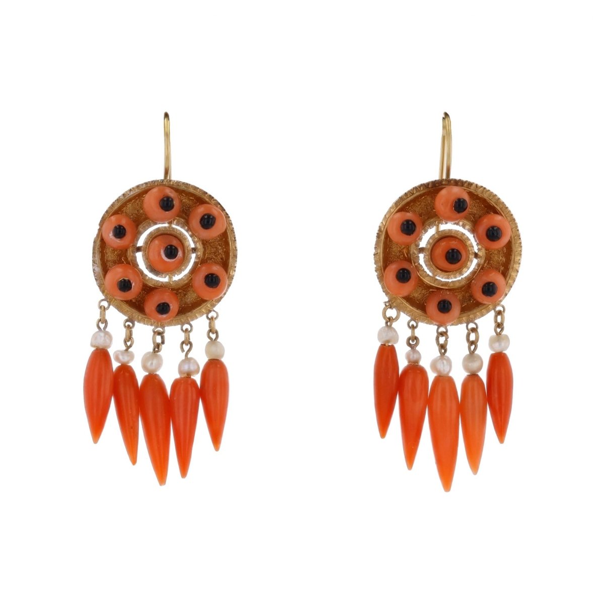 Boucles d'oreilles Pendantes en or jaune, corail, onyx et perles - Castafiore