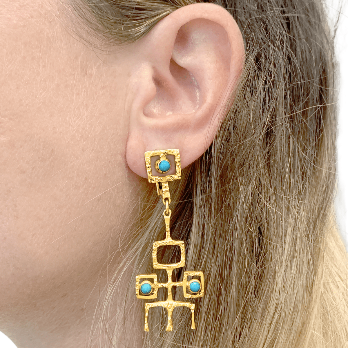 Boucles d'oreilles Pendantes en or jaune et turquoises - Castafiore