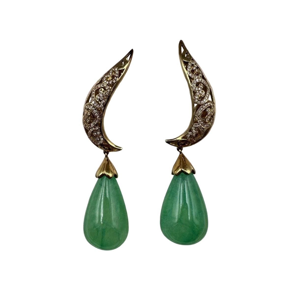 Boucles d'oreilles Pendantes en or jaune, jade et diamants - Castafiore