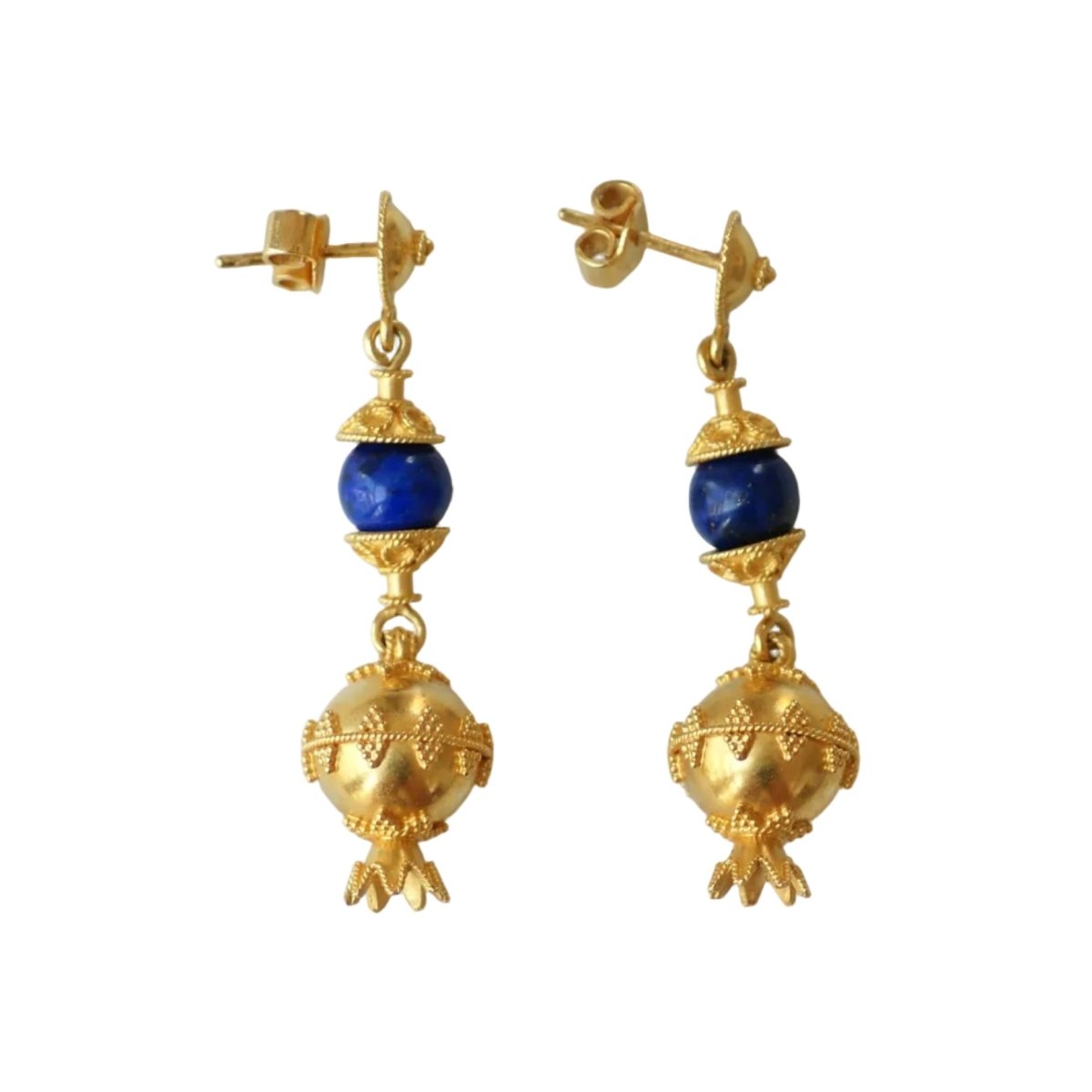 Boucles d'oreilles Pendantes en or jaune, lapis-lazuli et grenades - Castafiore