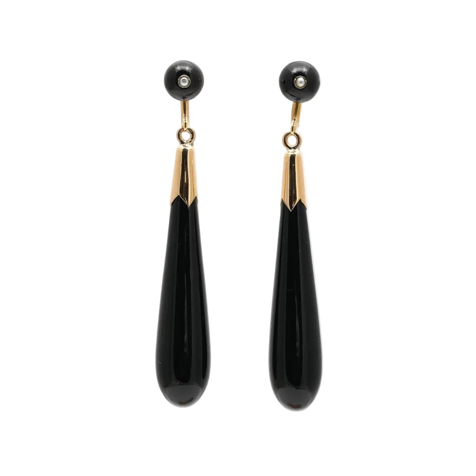 Boucles d'oreilles Pendantes en or jaune, onyx et perles