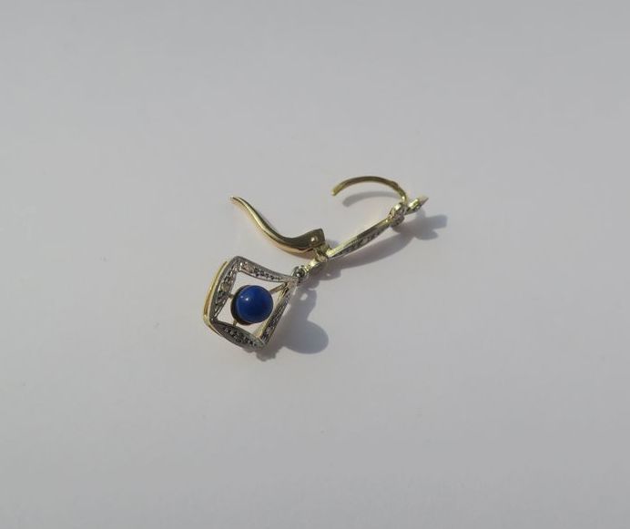 Boucles d’oreilles pendantes Lapis Lazuli Diamants deux Ors Art Déco - Castafiore