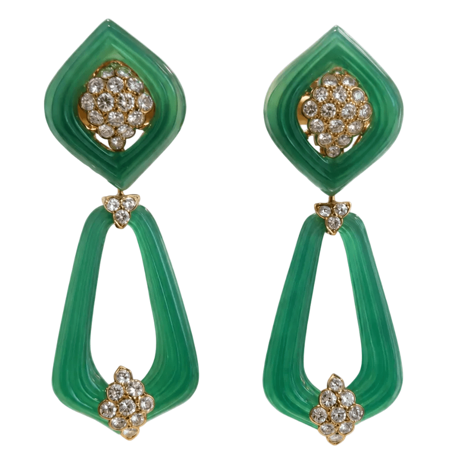 Boucles d'oreilles Pendantes RENE KERN en or jaune, chrysoprases et diamants - Castafiore
