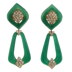 Boucles d'oreilles Pendantes RENE KERN en or jaune, chrysoprases et diamants - Castafiore