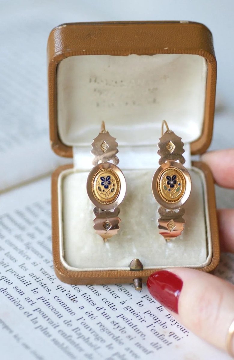 Boucles d'Oreilles Poissardes Anciennes Or et Email - Castafiore