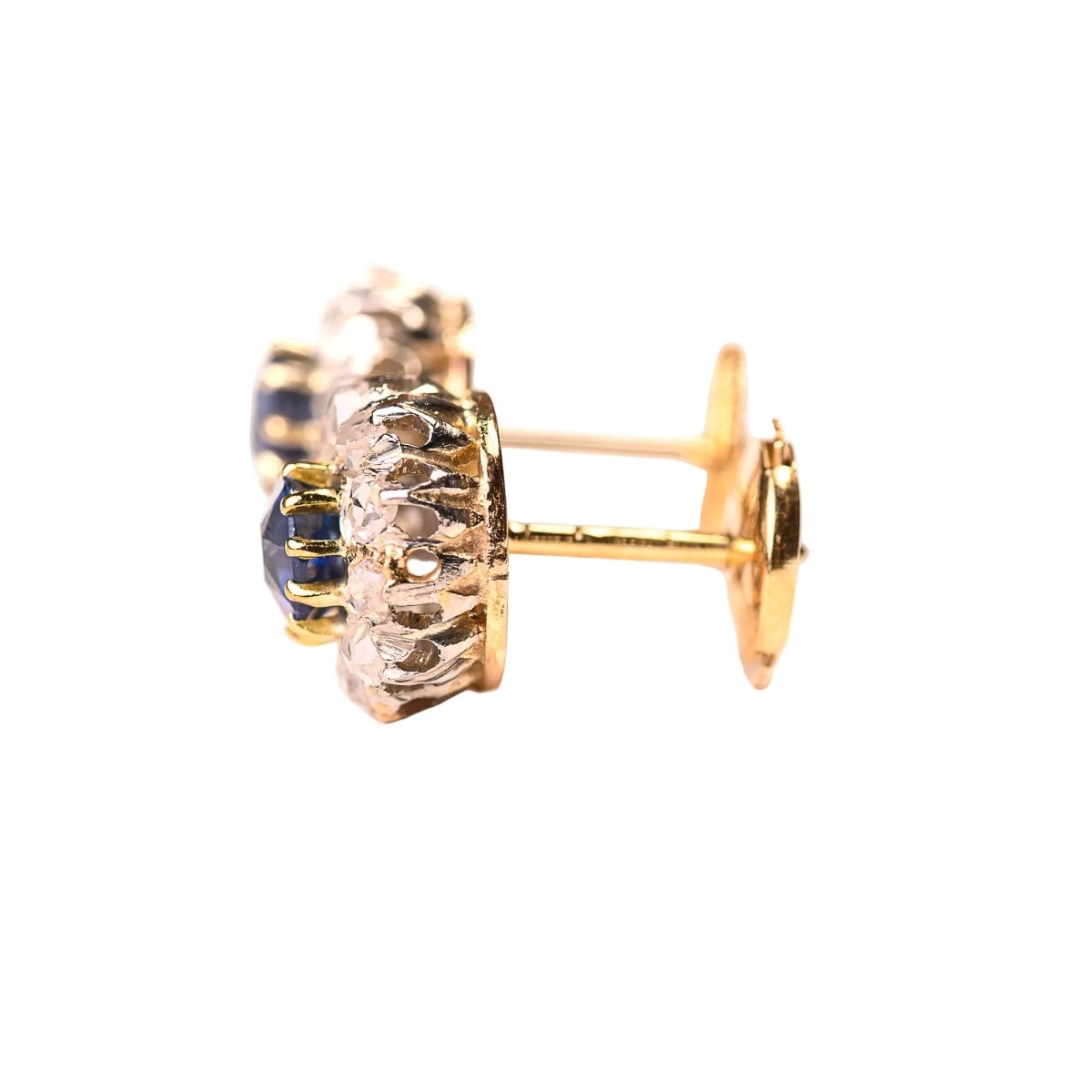 Boucles d'oreilles Puces en or jaune, platine, saphirs et diamants - Castafiore
