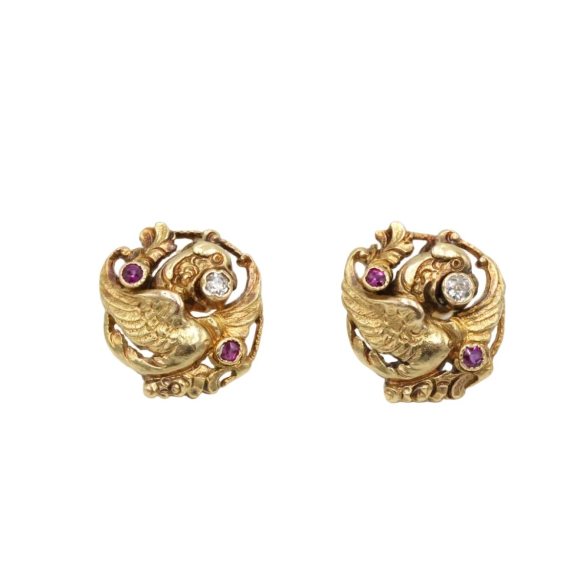 Boucles d'oreilles Puces en or jaune, rubis et diamants - Castafiore