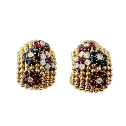 Boucles d'oreilles VAN CLEEF & ARPELS "Couscous Bagatelle" en or jaune, saphirs, rubis et diamants - Castafiore