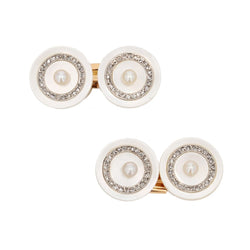 Boutons de manchette LÉON DEVOS Art déco en or jaune nacre et diamants - Castafiore