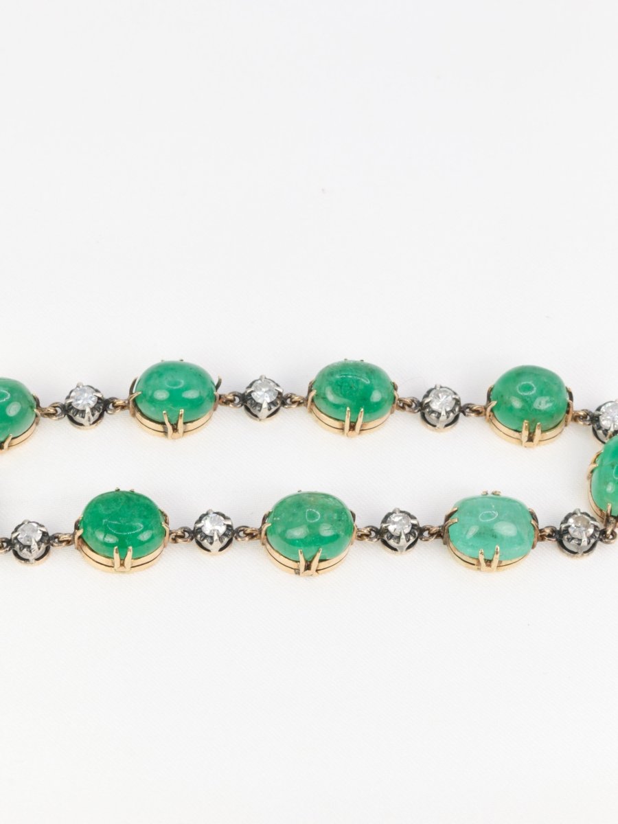 Bracelet ancien cabochons d'émeraudes or jaune diamants - Castafiore