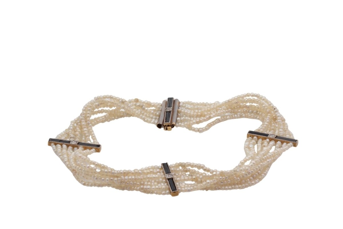 Bracelet ancien en or jaune avec perles fines, onyx et diamants - Castafiore