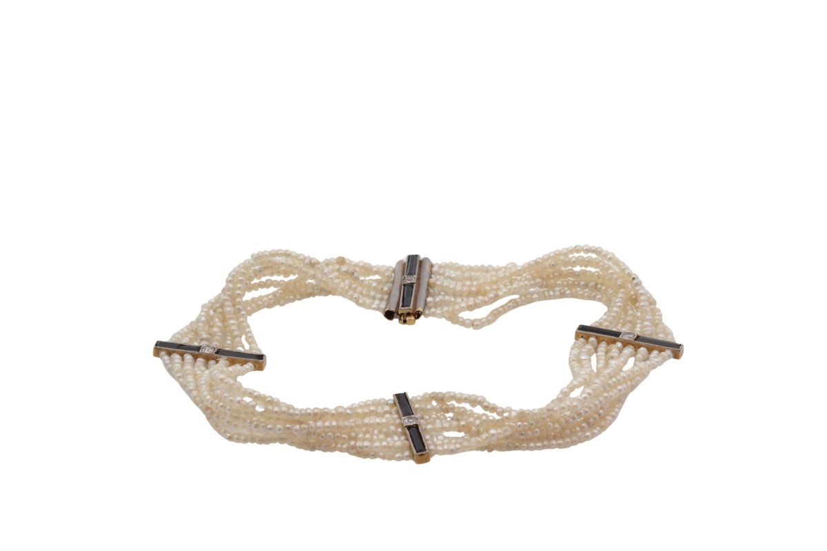 Bracelet ancien en or jaune avec perles fines, onyx et diamants - Castafiore