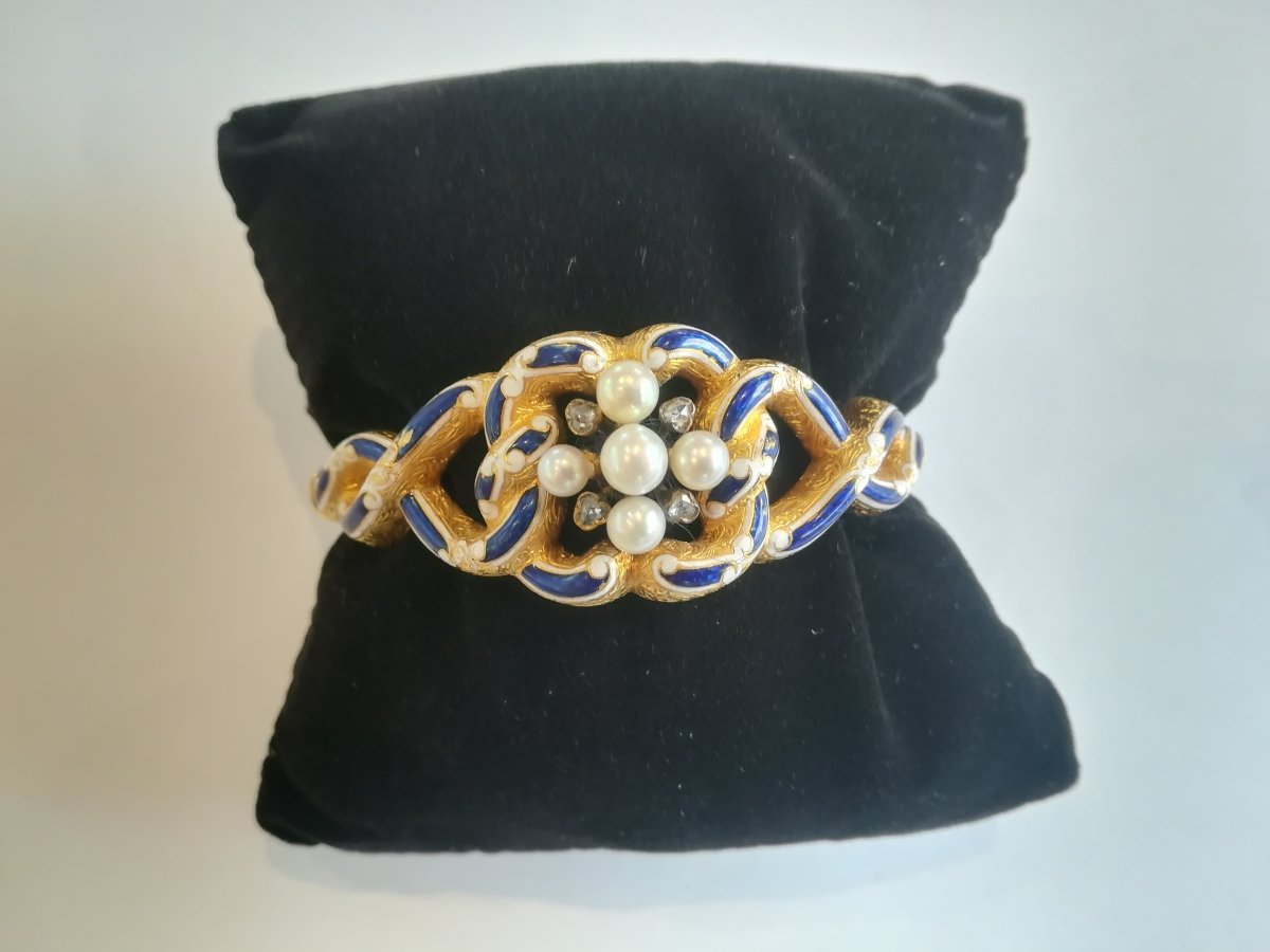 Bracelet ancien Or Email Perles Diamants - Castafiore