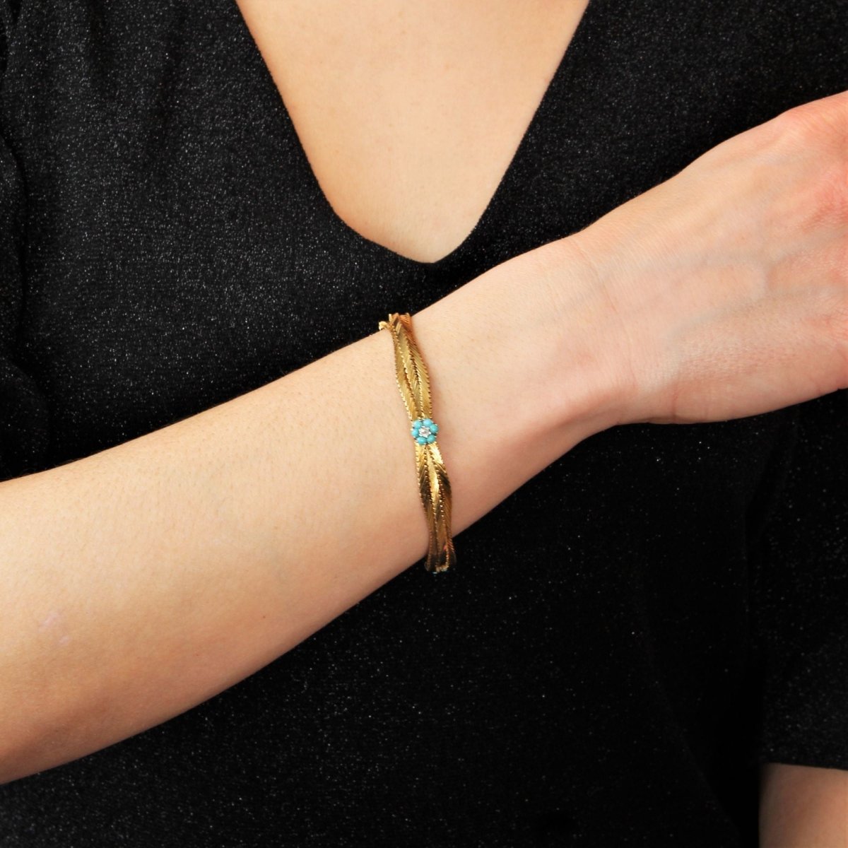 Bracelet ancien or et fleurs de turquoises et diamants - Castafiore