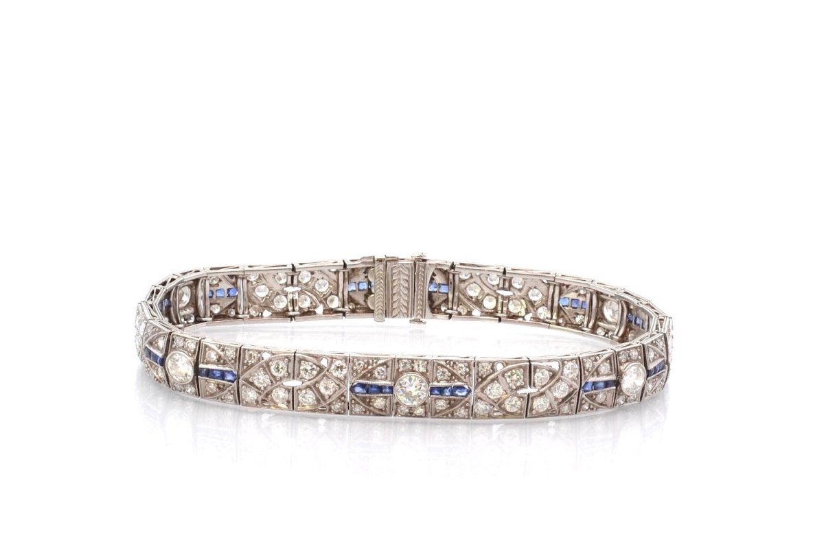 Bracelet art déco en platine et or jaune avec diamants et saphirs - Castafiore