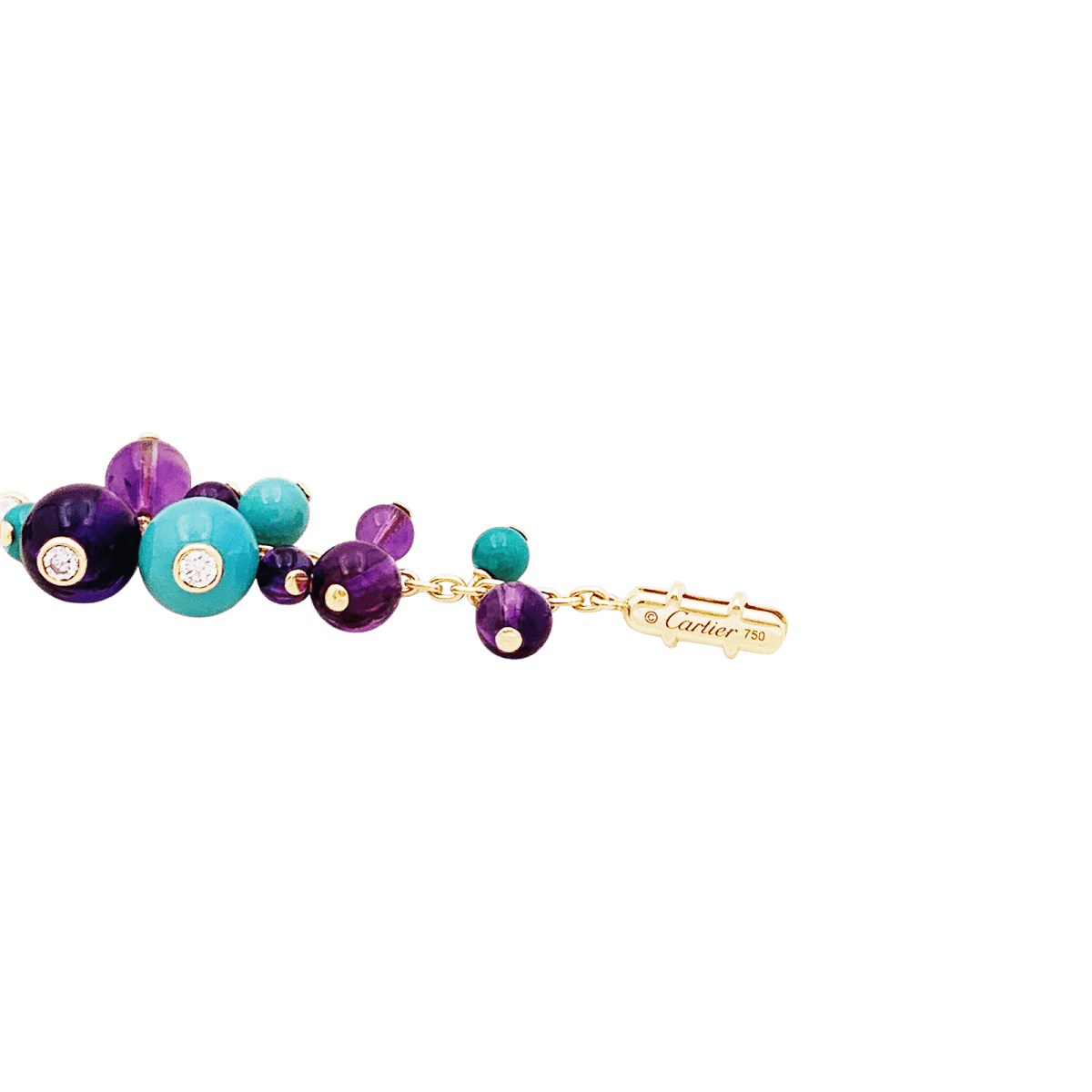 Bracelet Breloque CARTIER "Délices de Goa" en or jaune, turquoise, améthyste et diamants - Castafiore