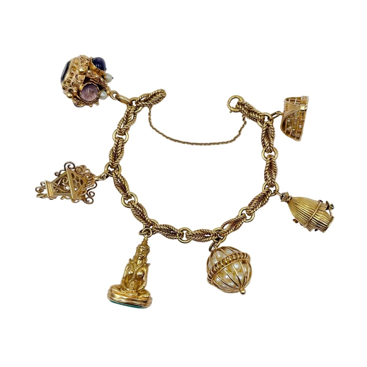 Bracelet Breloques en or jaune, améthystes, perles, amazonite, turquoise, rubis, grenat et saphir