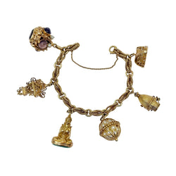 Bracelet Breloques en or jaune, améthystes, perles, amazonite, turquoise, rubis, grenat et saphir