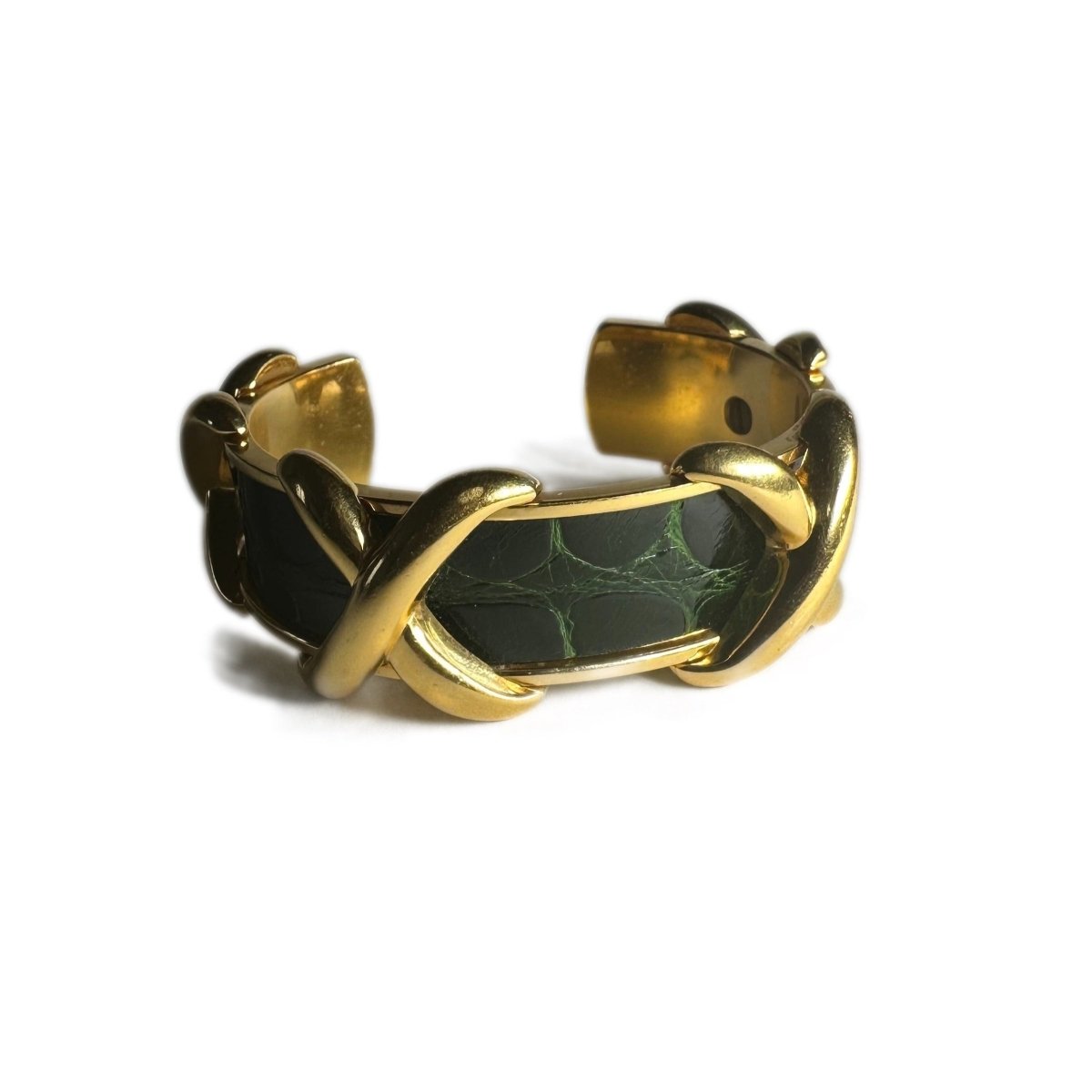 Bracelet HERMÈS Croisillons en métal doré et cuir de crocodile vert - Castafiore