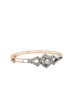 Bracelet jonc ancien fin 19ème en or rose, argent et diamants taille ancienne - Castafiore