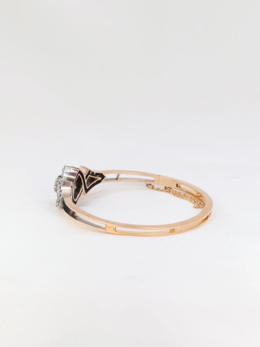 Bracelet jonc ancien fin 19ème en or rose, argent et diamants taille ancienne - Castafiore