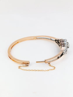 Bracelet jonc ancien fin 19ème en or rose, argent et diamants taille ancienne - Castafiore