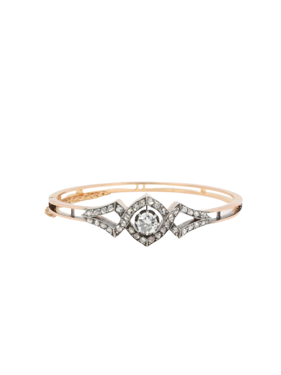 Bracelet jonc ancien fin 19ème en or rose, argent et diamants taille ancienne - Castafiore
