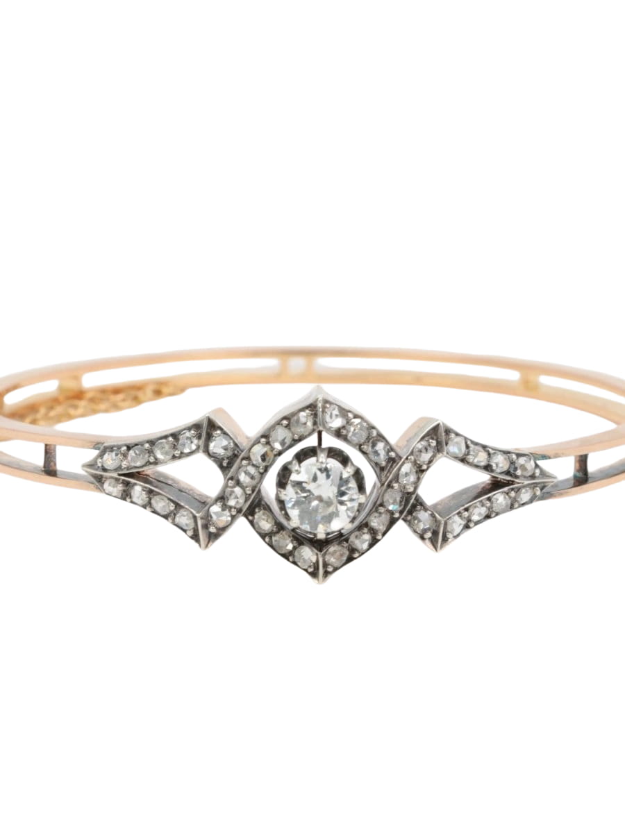 Bracelet jonc ancien fin 19ème en or rose, argent et diamants taille ancienne - Castafiore