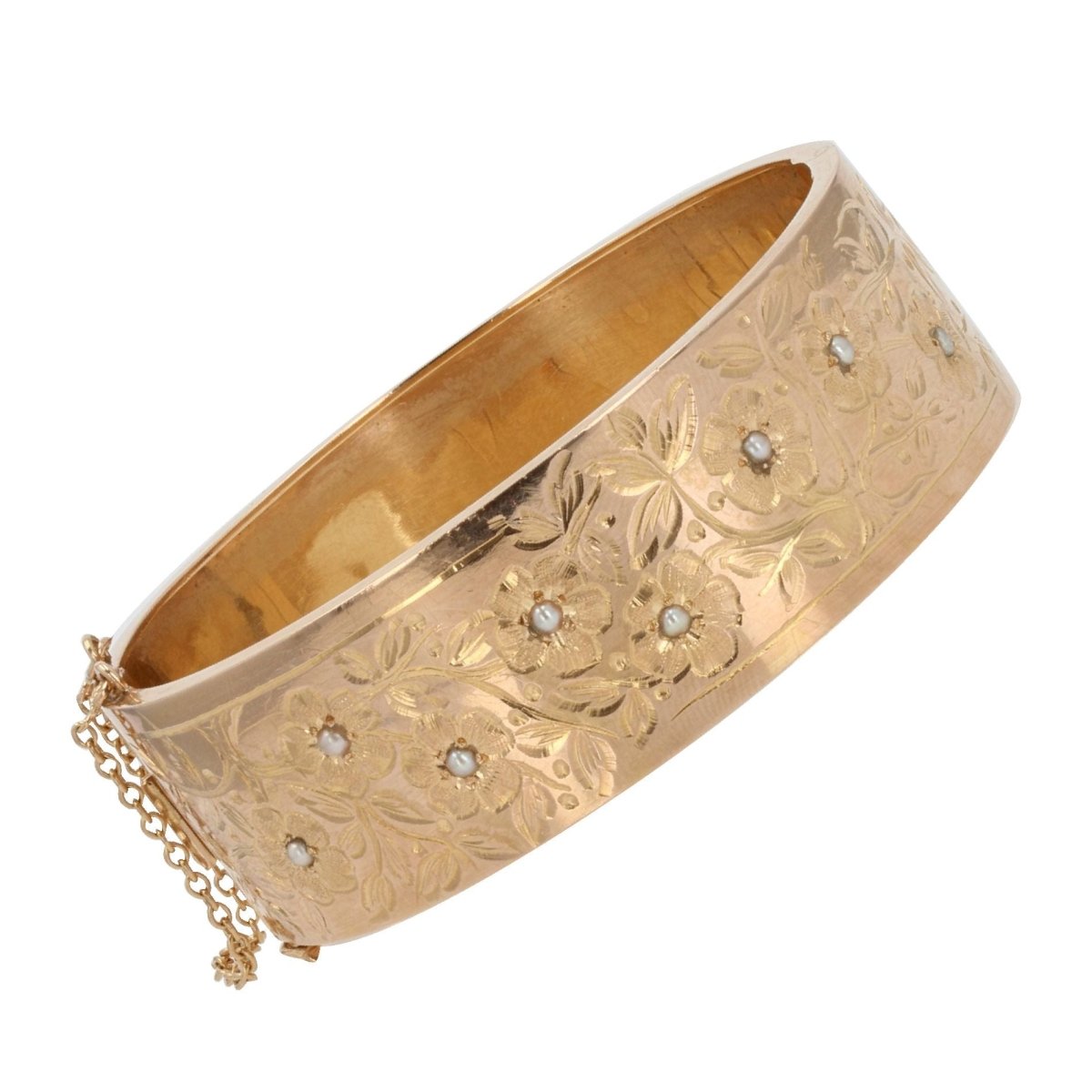 Bracelet jonc or rose ancien à décor floral et ses perles fines - Castafiore