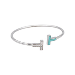 Bracelet Jonc TIFFANY & CO. "Tiffany T" en or blanc, turquoise et diamants - Castafiore