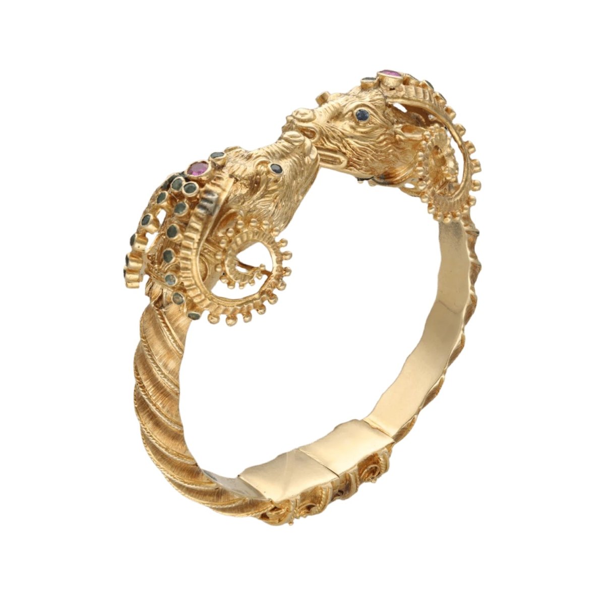 Bracelet Jonc ZOLOTAS "Têtes de béliers" en or jaune, émeraudes, rubis et saphirs - Castafiore